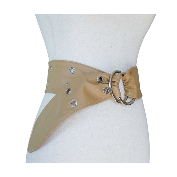 VTG 80s Wide Faux Leather Waist Cincher Grummet Belt Retro Mob Wife Statement - Picture 1 of 10